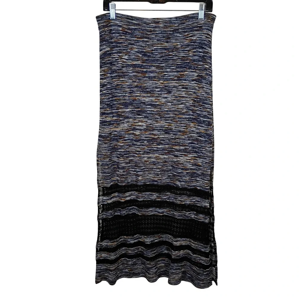 Mystree Space Dye Knit Maxi Skirt Blue Crochet Lace Side Slits Lined Large Boho